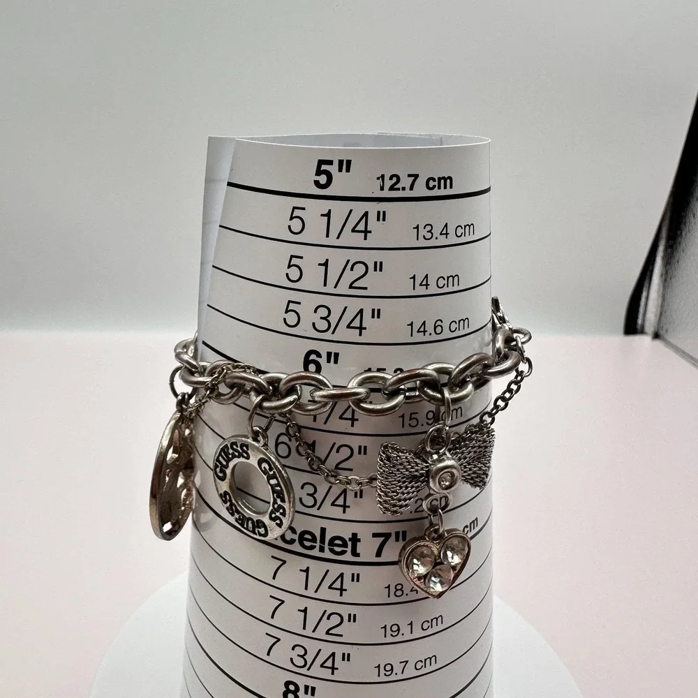 Vintage Y2K Guess Silvertone Bracelet Multi-Charm Statement Boho Fashion Jewelry